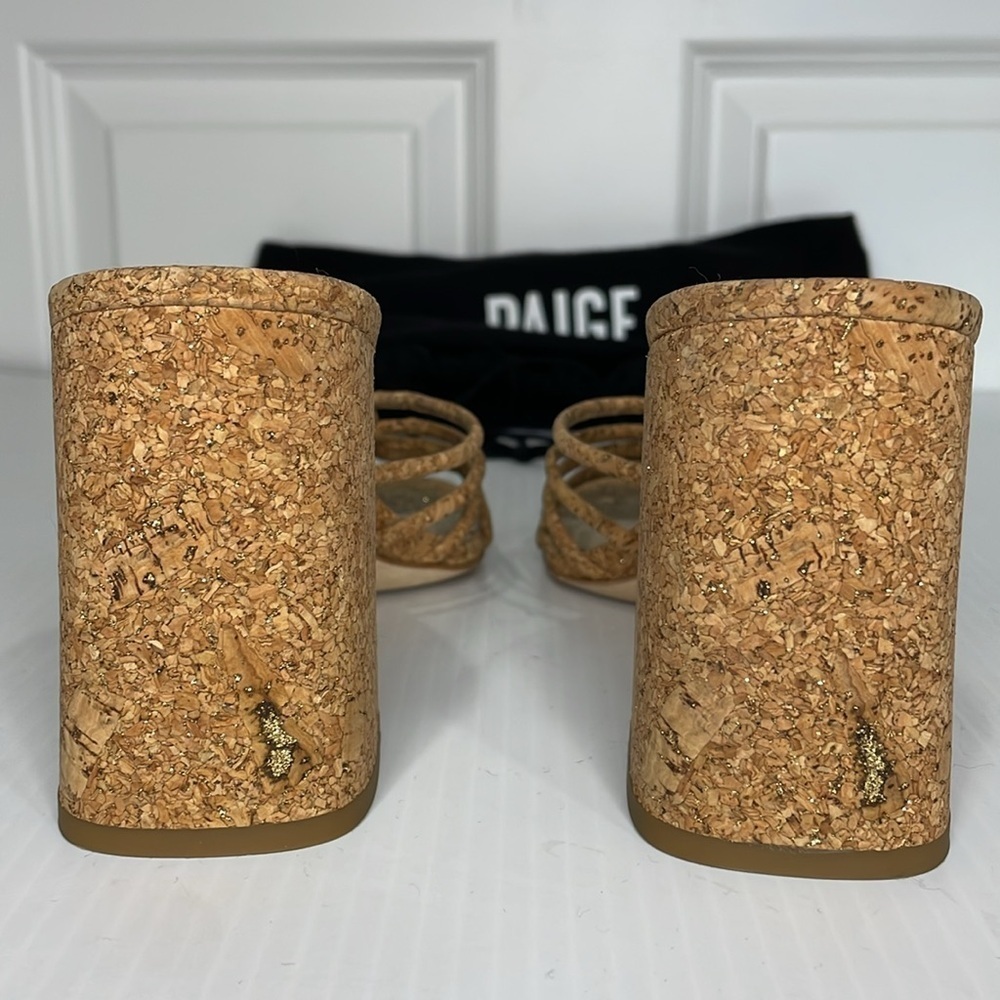 Paige Becca Block Heel Sandal Size 8 Tan Knot Strap Upper Gold Specs - Picture 7 of 14